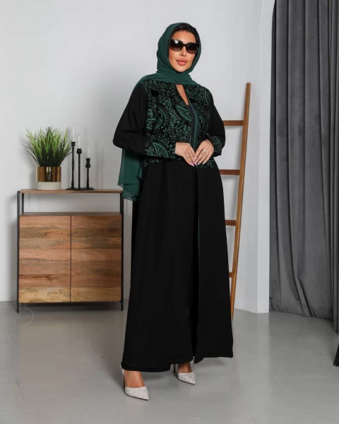 Crepe Abaya with Embroidered Velvet IB253 Green